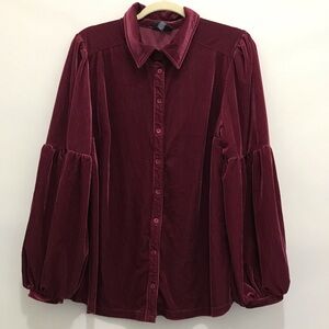 Modcloth Here For the Drama Button Up Top Ribbed Velvet Balloon Sleeve Wine XL